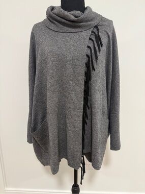 REPEAT Wool Cashmere Poncho Sweater Gray Cowl Turtleneck Fringe Pocket M Cozy